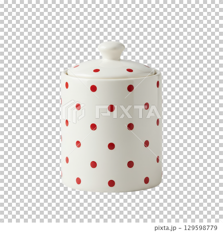 White ceramic kitchen canister with a lid and a classic red polka dot pattern for storage 129598779