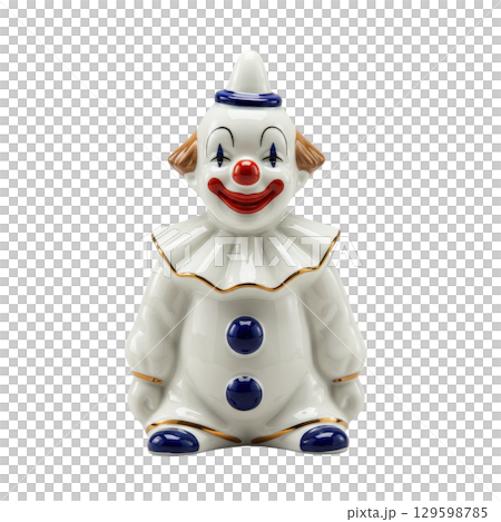 Vintage white porcelain clown figurine with a happy smiling face and blue costume details 129598785