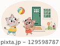 happy adorable two cats playing with ball 129598787