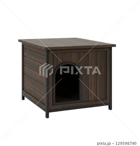 Modern dark wood dog house with a metal frame a stylish pet shelter for indoor or outdoor 129598790