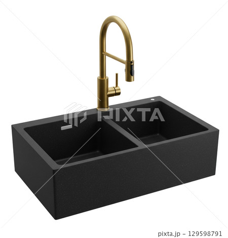 Modern black stone double bowl kitchen sink with a brushed gold pull down mixer faucet Modern black stone double bowl kitchen sink with a brushed gold pull down mixer faucet 129598791