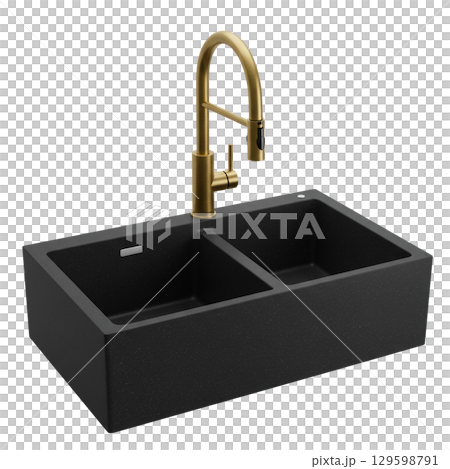 Modern black stone double bowl kitchen sink with a brushed gold pull down mixer faucet Modern black stone double bowl kitchen sink with a brushed gold pull down mixer faucet 129598791