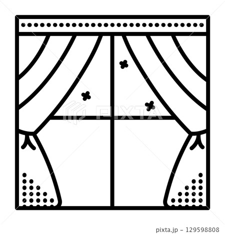 Window with curtains front view, single vector black line illustration, outline monochrome sign 129598808