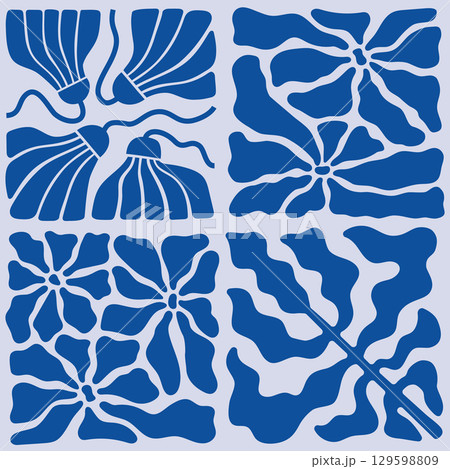Bold abstract blue flowers tile, leaves minimal posters set. Organic doodle shapes in trendy naive retro style. Contemporary botanical blue color vector seamless background. Bold abstract blue flowers tile, leaves minimal posters set. Organic doodle shapes in trendy naive retro style. Contemporary botanical blue color vector seamless background. 129598809