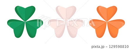 Three colorful irish clovers; leaves in green, white and orange colors like a flag of Ireland; the symbol of St. Patrick's Day, vector color illustration Three colorful irish clovers; leaves in green, white and orange colors like a flag of Ireland; the symbol of St. Patrick's Day, vector color illustration 129598810