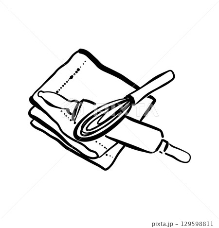 Hand drawn doodle illustration of a rolling pin and a whisk lying on a towel. Simple kitchen tools sketch with clean lines. Cozy cooking scene in vector style. Hand drawn doodle illustration of a rolling pin and a whisk lying on a towel. Simple kitchen tools sketch with clean lines. Cozy cooking scene in vector style. 129598811