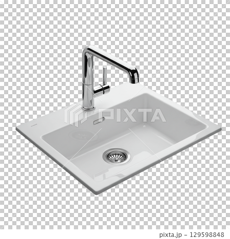 Modern white ceramic single bowl kitchen sink with a sleek chrome plated mixer tap faucet Modern white ceramic single bowl kitchen sink with a sleek chrome plated mixer tap faucet 129598848