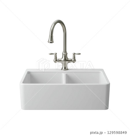 White ceramic double bowl farmhouse kitchen sink with a classic brushed metal faucet White ceramic double bowl farmhouse kitchen sink with a classic brushed metal faucet 129598849