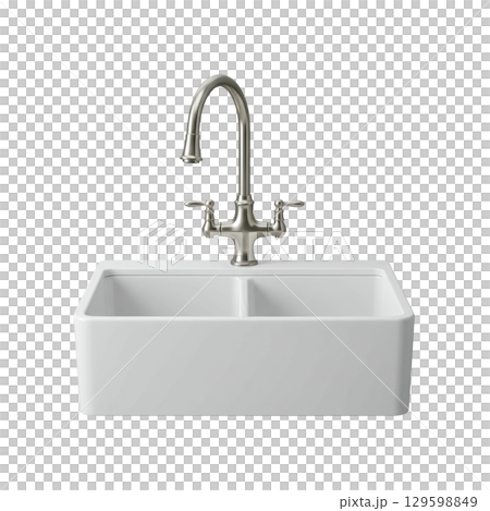 White ceramic double bowl farmhouse kitchen sink with a classic brushed metal faucet White ceramic double bowl farmhouse kitchen sink with a classic brushed metal faucet 129598849