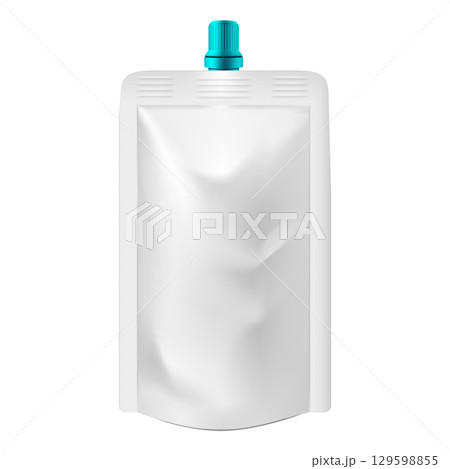Pouch up bag mockup with aquamarine color spout lid, vector realistic 3D doy-pack foil food or drink products package 129598855