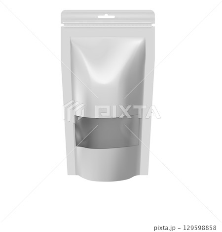 White zip bag, paper bag with transparent insert window vector 3D mockup design, realistic closed empty pouch package 129598858