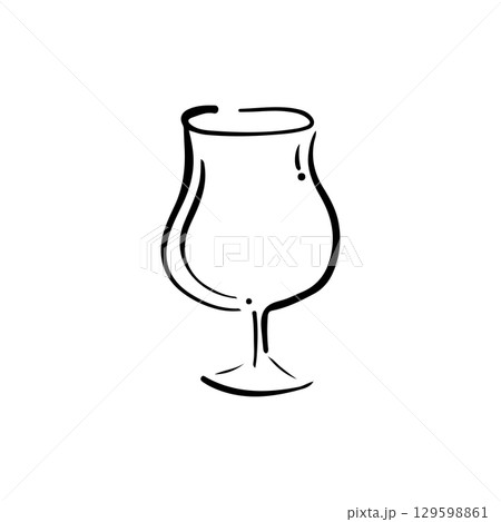 Hand sketched wine cup artwork. Fun doodle glass. Vintage style goblet drawing. Minimal line illustration. Quirky cartoon icon.  129598861