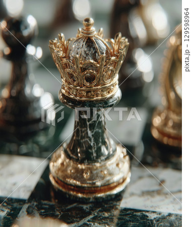 Exquisite chess piece resting on a marble chessboard in a minimalist flat lay composition 129598964