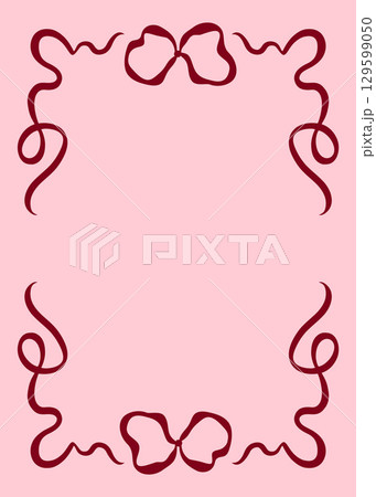 Decorative frame with pink ribbon and bow, perfect for invitations, greeting cards, packaging and branding. Elegant hand-drawn doodle vector illustration in romantic style. Decorative frame with pink ribbon and bow, perfect for invitations, greeting cards, packaging and branding. Elegant hand-drawn doodle vector illustration in romantic style. 129599050