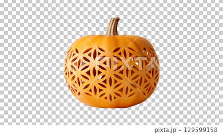 An intricately carved pumpkin with a modern geometric floral pattern, isolated on a transparent background 129599158