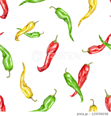 Hand-drawn seamless pattern with red, yellow, and green chili peppers in a watercolor style on a white background. Perfect for spicy food packaging, kitchen decor, or fabric Hand-drawn seamless pattern with red, yellow, and green chili peppers in a watercolor style on a white background. Perfect for spicy food packaging, kitchen decor, or fabric 129599298