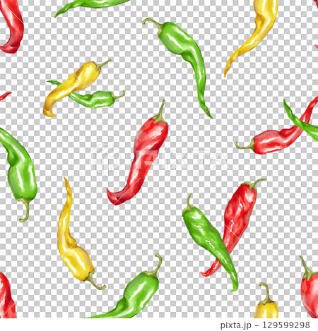 Hand-drawn seamless pattern with red, yellow, and green chili peppers in a watercolor style on a white background. Perfect for spicy food packaging, kitchen decor, or fabric Hand-drawn seamless pattern with red, yellow, and green chili peppers in a watercolor style on a white background. Perfect for spicy food packaging, kitchen decor, or fabric 129599298