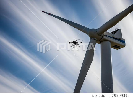 Drone inspecting wind turbine blades against streaked cloudy sky showcasing renewable energy maintenance technology and sustainability Drone inspecting wind turbine blades against streaked cloudy sky showcasing renewable energy maintenance technology and sustainability 129599392