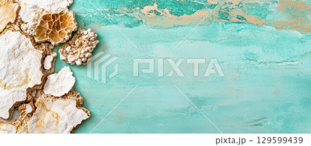 A textured teal background with beige and white coral-like formations on the left side provides a beautiful backdrop. Horizontal banner with copy space for text, poster, free space 129599439