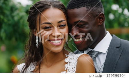 A happy African-American bride and groom share a tender moment on their wedding day, surrounded by lush greenery 129599504