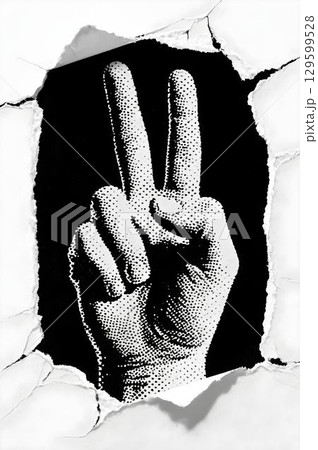 Torn paper revealing halftone illustration of hand making V sign symbolizing victory peace and success 129599528