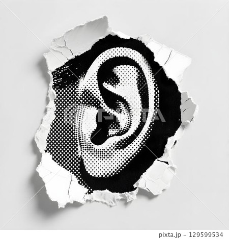 Torn paper revealing halftone illustration of human ear symbolizing listening attention awareness and perception in black and white pop art style 129599534