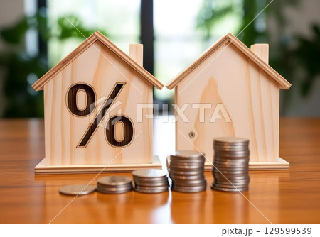 Wooden house models with percentage sign and coin stacks symbolizing mortgage interest property investment and housing market finance Wooden house models with percentage sign and coin stacks symbolizing mortgage interest property investment and housing market finance 129599539