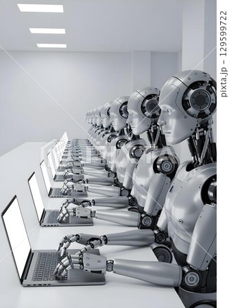 Humanoid robots at laptops in minimal white room concept of AI data processing and synchronized automation 129599722