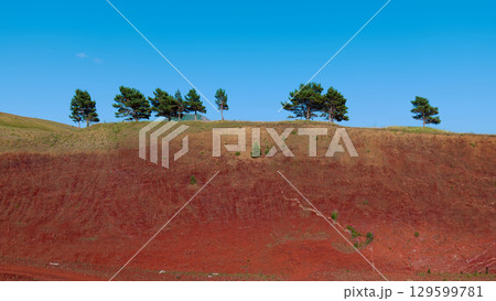 A vivid landscape featuring trees on a vibrant red hill under bright blue skies 129599781