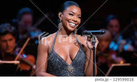 Elegant singer performs beautifully on stage, captivating the audience with her powerful voice and radiant smile 129599818