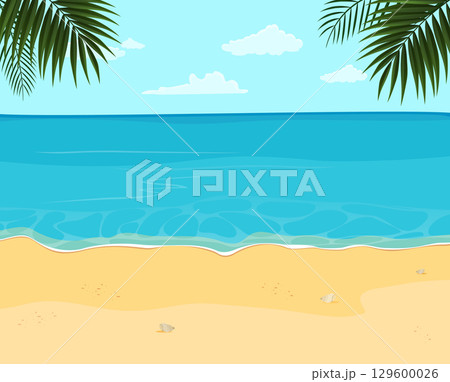 Tropical beach with palm trees, ocean and clouds in background Tropical beach with palm trees, ocean and clouds in background 129600026