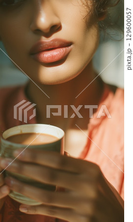 Young Indian woman savoring steaming masala chai, warm mug in hand, relaxing 129600057