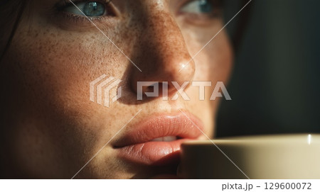 Freckled woman enjoying warm drink, soft window light highlighting peaceful expression and delicate skin tones 129600072