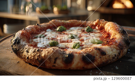 Crispy sourdough pizza featuring bubbling cheese, garnished with vibrant basil, emerging from rustic wood-fired oven 129600087