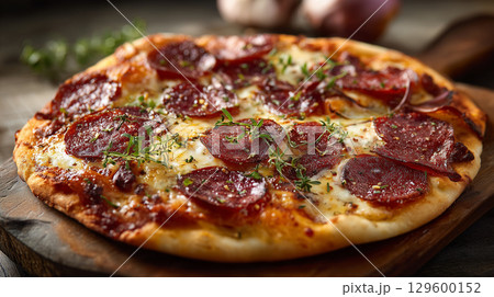 Close-up of a mouthwatering salami pizza, garnished with fresh thyme, resting on a rustic wooden board 129600152