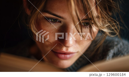 Woman reading intently, narrowed eyes absorbed in book pages, revealing intellectual engagement and quiet focus 129600184
