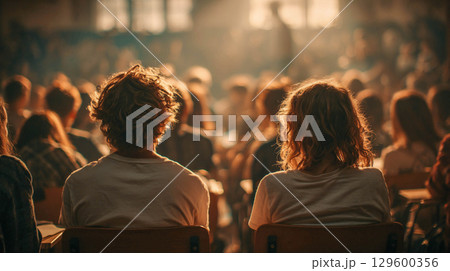 A group of young people, school students, are sitting on chairs in a room. They are all wearing white T-shirts. The people are sitting with their backs to the camera 129600356