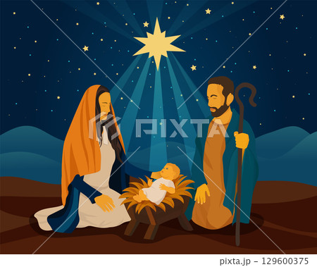 The Holy Family under the bright Star of Bethlehem in a serene Christmas Nativity scene 129600375