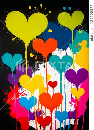 Bright multicolored blots in the form of abstract hearts with smudges 129600376