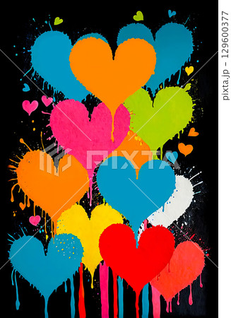 Bright multicolored blots in the form of abstract hearts 129600377