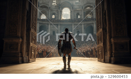 Muscular gladiator striding through Colosseum entrance, cheering spectators surrounding powerful warrior preparing for combat 129600453