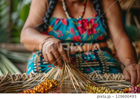 An artisan skillfully weaves colorful materials, showcasing traditional craftsmanship and cultural heritage. 129600493