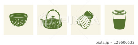 Set of illustrations featuring matcha tea, latte, whisk, cup, and teapot. Perfect for cafes, tea brands. 129600532