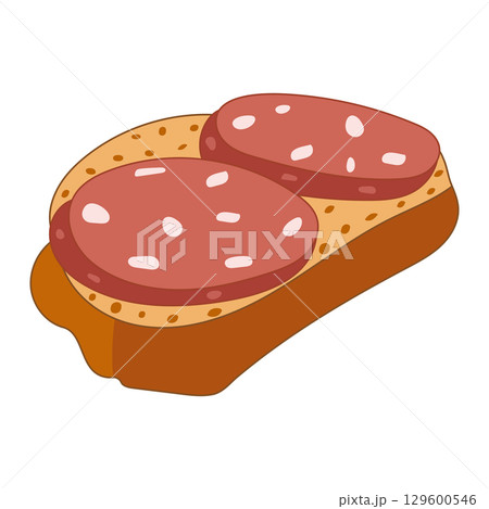Tasty Sandwich with Salami Vector Illustration. Colorful vector illustration of an appetizing open faced sandwich topped with two slices of salami on a piece of bread. 129600546