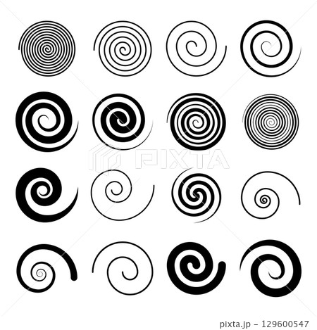 Set of Spiral Patterns Elements. Black and White Vector Collection. Each design offers a distinct visual effect, perfect for abstract art, backgrounds, decorations, logos and creative graphic projects 129600547
