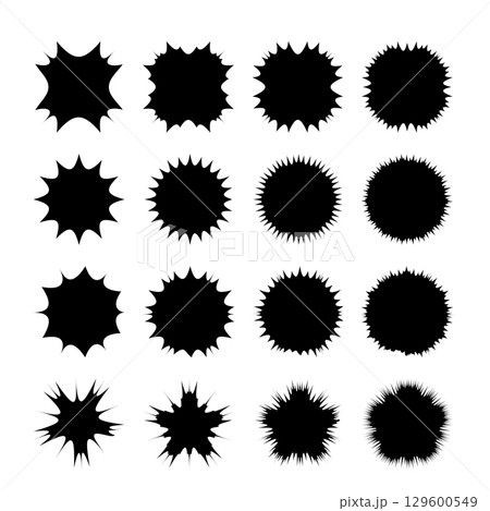 Set of Starburst and Sunburst Vector Silhouettes. Suitable for badges, stickers, stamps, templates and modern graphic design projects that require bold, high-contrast elements. Set of Starburst and Sunburst Vector Silhouettes. Suitable for badges, stickers, stamps, templates and modern graphic design projects that require bold, high-contrast elements. 129600549
