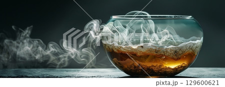 A captivating image of a steaming bowl, showcasing the mesmerizing beauty of warm beverages in a moody atmosphere. 129600621