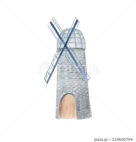 Medieval gray stone windmill with blue blades and wooden door. Watercolor illustration isolated on white. Ideal for countryside themes, travel posters, bakery branding, rustic landscape compositions Medieval gray stone windmill with blue blades and wooden door. Watercolor illustration isolated on white. Ideal for countryside themes, travel posters, bakery branding, rustic landscape compositions 129600704