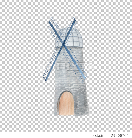 Medieval gray stone windmill with blue blades and wooden door. Watercolor illustration isolated on white. Ideal for countryside themes, travel posters, bakery branding, rustic landscape compositions Medieval gray stone windmill with blue blades and wooden door. Watercolor illustration isolated on white. Ideal for countryside themes, travel posters, bakery branding, rustic landscape compositions 129600704