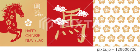 Traditional Happy Chinese new year greeting cards set, 2025 year of the horse. Collection of Chinese new year square covers design with Chinese zodiac animal. Chinese translation - Horse. Flat vector 129600720